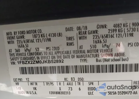 2018 Ford Transit-350 Xl z USA, uszkodzony, nr VIN 1FBZX2ZM0JKB52892